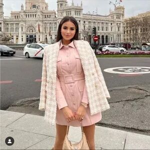 ZARA LIGHT PINK TEXTURED TWEED WEAVE DOUBLE BREASTED JACKET BLAZER SIZE L NEW